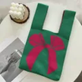 Sac cabas en tricot vert avec nœud rose, sac à main chic et tendance pour femmes et filles. - Vert Clair avec Nœud / Taille unique