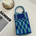 Sac bandoulière tricoté mini carré style coréen, sac de téléphone colorblock bleu et vert. - 06#-Bleu Damier / Taille unique
