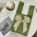 Sac cabas en tricot vert avec nœud beige, élégant sac à main décontracté pour femme chic. - Vert Herbe avec Nœud / Taille unique