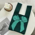 Sac cabas tricoté vert foncé avec motif de nœud turquoise sac à main décontracté pour femme - Bleu Encre avec Nœud Cyan / Taille unique