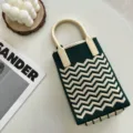 Sac cabas mini en tricot vert, joli sac téléphone à motif vagues et poignées rondes, chic. - 12#-Vert Foncé Ondulé / Taille unique
