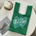 Sac cabas en tricot vert avec motif de cœur bicolore, sac à main décontracté pour femmes. - Vert avec Cœur Contraste / Taille unique