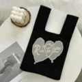 Sac cabas en tricot noir avec motif de coeurs mignons sac a main decontracte pour femmes - Noir avec Cœur Contraste / Taille unique