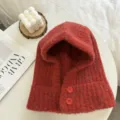 Gemütlicher Strick Kapuzenschal Winter warmer Sturmhaube Pullover Hut mit Knöpfen für Damen - Einheitsgröße / Rot