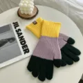 Winter color block knit gloves warm cozy wool three color gloves detail view for women and men - One Size / Yellow Purple Green Contrast