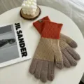 Winter color-block knitted gloves, warm fuzzy touchscreen design, stylish three-color winter accessory. - One Size / Orange Beige Brown Contrast