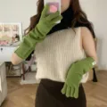 Green knit long gloves detail view, soft woolen texture, warm autumn winter style match. - 02#-Green