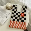 Chic knitted tote bag with black white checkerboard pattern and orange flower detail. - One Size (20cmX35cm) / Black Orange Checkerboard Floral