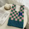 Color-blocking knitted tote bag featuring stylish checkerboard pattern and cute flower detail. - One Size (20cmX35cm) / Blue Pink Checkerboard Floral