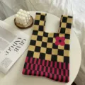 Knit tote bag with black and yellow checkerboard pattern, pink flower design and dual handles. - One Size (20cmX35cm) / Yellow Pink Checkerboard Floral