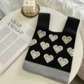 Knit tote bag detail view, black and grey color with cute heart pattern for women daily use. - One Size (20cmX35cm) / Black Gray Heart