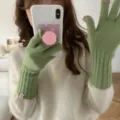 Green fingerless knit gloves winter warm wool ribbed cuff touch screen friendly apparel - One Size / Green
