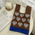 Brown knitted tote bag featuring blue white heart patterns and contrast color hem daily chic. - One Size (20cmX35cm) / Blue Coffee Heart