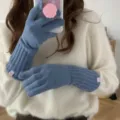 Solid color knitted long gloves for women, warm winter touch screen half finger mittens. - One Size / Blue