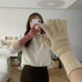 Solid color wool knit touchscreen gloves winter warm half finger split finger gloves - One Size / Off White