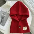 Roter gestrickter Kapuzenschal Winter warmer Nackenwärmer Knopf Strickmütze stylischer Latz - Rot