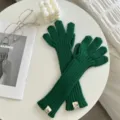 Women long knit gloves winter warm solid color thick wrist protection five finger green - One Size / Green