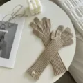 Cozy knit long fingerless gloves in beige winter warm arm warmers stylish accessory for women - One Size / Khaki