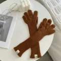 Detailed shot of women's warm brown knitted long gloves, cozy winter wrist warmer accessory. - One Size / Coffee