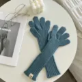 Women winter warm knitted gloves long blue grey solid color finger split wrist guard chic - One Size / Sky Blue