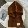 Brauner Strick Kapuzenschal Winter warmer Knopf Balaclava Hut dicker Nackenschutz - Kaffeebraun