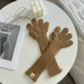 Detailed shot of knitted long gloves in camel, perfect for cozy winter wear and warmth. - One Size / Earthy Yellow