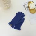 Close-up detail of blue knitted touchscreen gloves featuring a small decorative label. - One Size / Blue