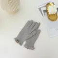 Grey knit gloves detail, winter warm split-finger wool mittens with cute ruffle cuff. - One Size / Gray