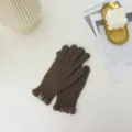 Close-up of brown knit gloves with cute ruffles, cozy winter warm split-finger design. - One Size / Coffee