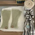 Green knit fingerless gloves detail view, winter warm ribbed arm warmers for women. - One Size / Light Green