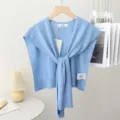 Solid color knitted small shawl fake collar versatile summer air-conditioned room scarf top - Sky Blue