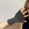 Dark grey half-finger knit gloves for women, warm winter solid color fingerless gloves. - One Size / Dark Gray