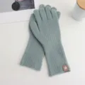 Mintgrüne Wollstrick-Touchscreen-Handschuhe, gerippte warme Winterhandschuhe mit Aufnäher. - Einheitsgröße / Bohnengrün
