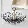 Nordic black metal wire fruit basket with wooden bead handle for modern kitchen home decor - Round Mouth With Wood Bead Handle / Black