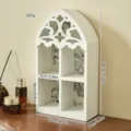 Gothic arch wooden wall shelf with floral backing, multi-tier display rack for home decor. - 4-Grid Hollow Shelf / White