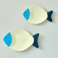 Mediterranean wooden fish wall decor set, creative 3d hanging ornament for home living room. - Set of 2 Fish Plates / Beige
