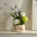 Nordic artificial potted plant beige ceramic pot white rose green eucalyptus leaves - Life Green White Hydrangea Set with Pot