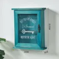 Vintage wooden wall mounted key storage box with glass door and French typography decor. - Openable Door Key Box / Blue