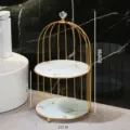 2-tier gold metal cosmetic storage organizer with marble pattern trays for desktop makeup. - 1 Layer / White Marble Double Layer Birdcage