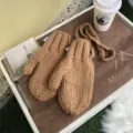 Cute brown thick knit winter gloves for women with neck strap, cozy and warm daily wear. - One Size / Khaki
