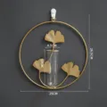 Gold metal ginkgo leaf wall vase variant, modern hanging floral display decor for home. - Round Ginkgo Leaf with Test Tube
