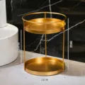 Gold 2-tier metal cosmetic storage rack organizer for bathroom makeup desktop vanity display. - 1 Layer / Double-Layer Round