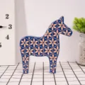 Nordic style wooden horse desktop decoration blue geometric flower home ornament for living room - L / Blue