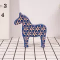 Nordic wooden horse figurine home decor, blue geometric floral table ornament for living room. - S / Blue