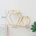 Gold hexagonal wall shelf with wood boards, modern minimalist iron hanging storage display rack. - Double Hexagon (XM-19322) / Gold