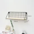 Black wire mesh wall shelf with wood base, minimalist storage rack for bedroom kitchen. - Large 1-Tier / Black