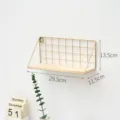 Wall mounted metal wire storage shelf with wood base for home office organization and display. - Medium, 1 Tier / Gold