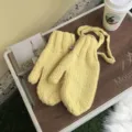 Yellow thick knit winter mittens with neck strap cute cozy warm fuzzy student gloves for cold weather - One Size / Yellow