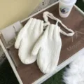 White thick knit winter mittens with lanyard, cozy soft warm student gloves for cold weather. - One Size / White