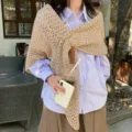 Stylish beige knitted triangle scarf shawl with gold chain and leather buckle for women - One Size / Tops / Khaki